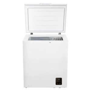 Λευκός καταψύκτης μπαούλο Gorenje FH14EAW με ανοιχτό καπάκι και ορατό εσωτερικό χώρο.