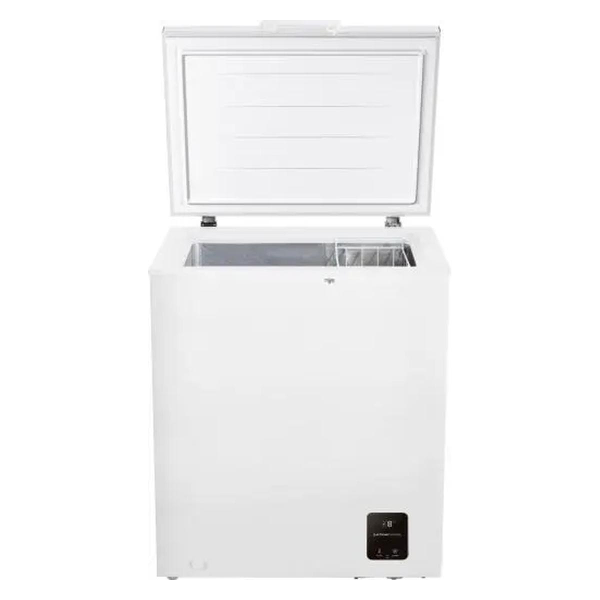 Gorenje FH14EAW 142lt - ανοιχτό καπάκι Λευκός καταψύκτης μπαούλο Gorenje FH14EAW με ανοιχτό καπάκι και ορατό εσωτερικό χώρο.
