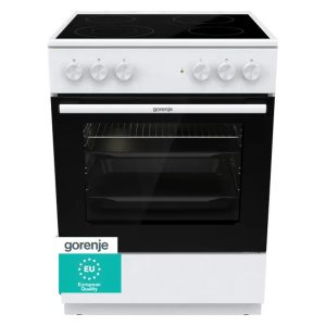 Λευκή κεραμική κουζίνα Gorenje GEC6A41WC 60cm με φούρνο 71 λίτρων, εμπρόσθια όψη.