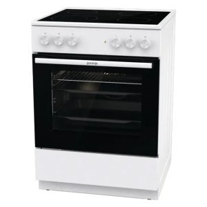 Λευκή κεραμική κουζίνα Gorenje GEC6A41WC σε πλάγια όψη με κλειστή πόρτα φούρνου.