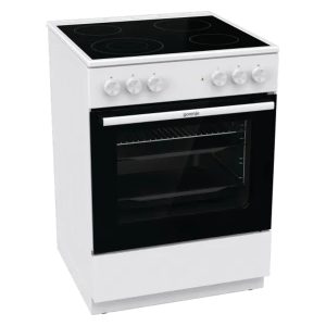 Gorenje GEC6A41WC σε λοξή εμπρόσθια όψη, με λευκή πρόσοψη και τέσσερις κεραμικές εστίες.