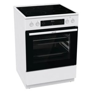 Λευκή κεραμική κουζίνα Gorenje GECS6C70WPA σε πλάγια όψη με κλειστή πόρτα φούρνου.