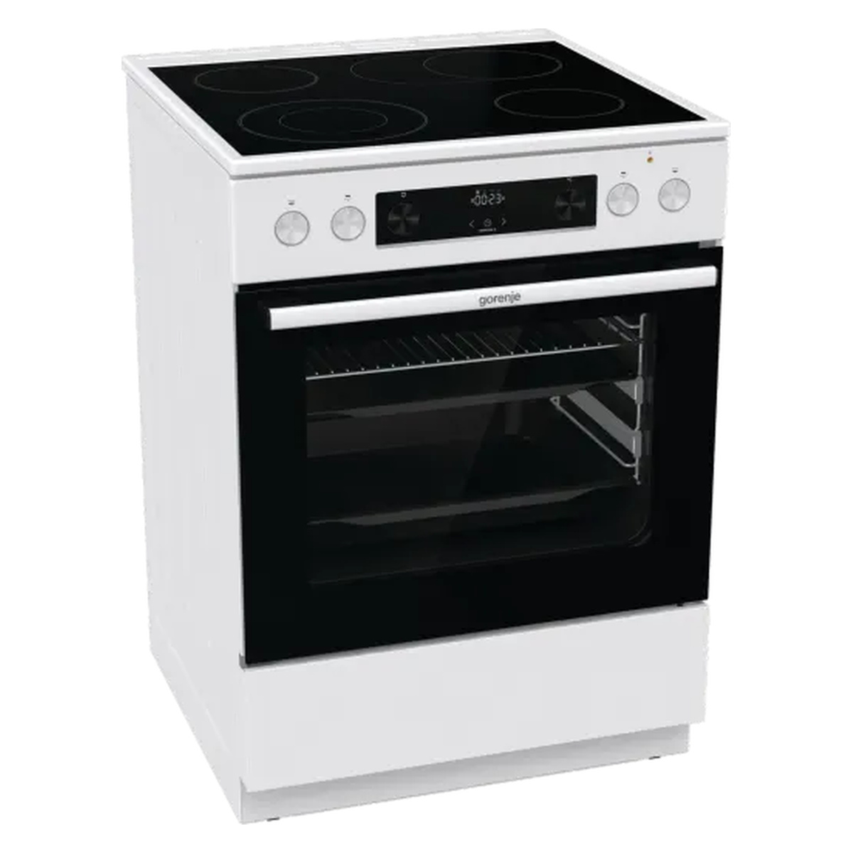 Gorenje GECS6C70WPA - πλάγια όψη Λευκή κεραμική κουζίνα Gorenje GECS6C70WPA σε πλάγια όψη με κλειστή πόρτα φούρνου.