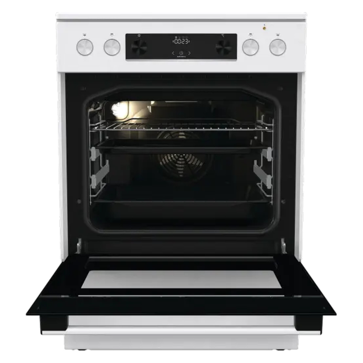 Gorenje GECS6C70WPA - ανοιχτός φούρνος Ανοιχτός φούρνος 71 λίτρων της Gorenje GECS6C70WPA με ορατά ταψιά, σχάρα και εσωτερικό φωτισμό.