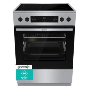 Κεραμική κουζίνα inox Gorenje GECS6C70XPA, εμπρόσθια όψη με φούρνο 71 λίτρων και τέσσερις εστίες.