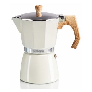 Μπεζ καφετιέρα espresso Haeger Moka Pot 6 CP-06A.010A με λαβή σε όψη ξύλου.