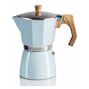 Γαλάζια καφετιέρα espresso Haeger Moka Pot 6 CP-06A.011A με λαβή σε όψη ξύλου.