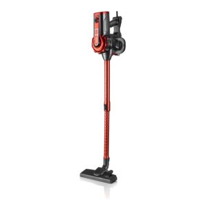 Κόκκινη ηλεκτρική σκούπα stick Haeger Venus 600 VC-600.048A, πλήρης όψη με σωλήνα και πέλμα δαπέδου.