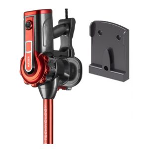 Κόκκινη ηλεκτρική σκούπα stick Haeger Venus 600 VC-600.048A, λεπτομέρεια της χειρολαβής, του δοχείου και του στηρίγματος τοίχου.