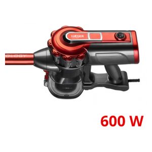 Κόκκινη ηλεκτρική σκούπα stick Haeger Venus 600 VC-600.048A, λεπτομέρεια του σώματος και της χειρολαβής με ένδειξη ισχύος 600W.
