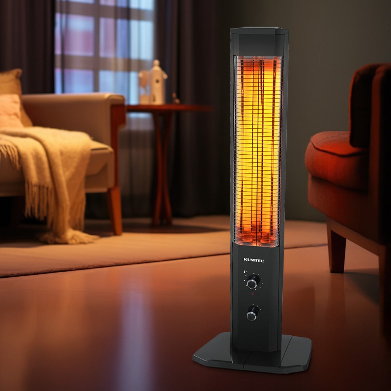 KUMTEL MH-2300 – όψη στον χώρο KUMTEL MH-2300 μαύρη κατακόρυφη σόμπα Mica σε χώρο καθιστικού